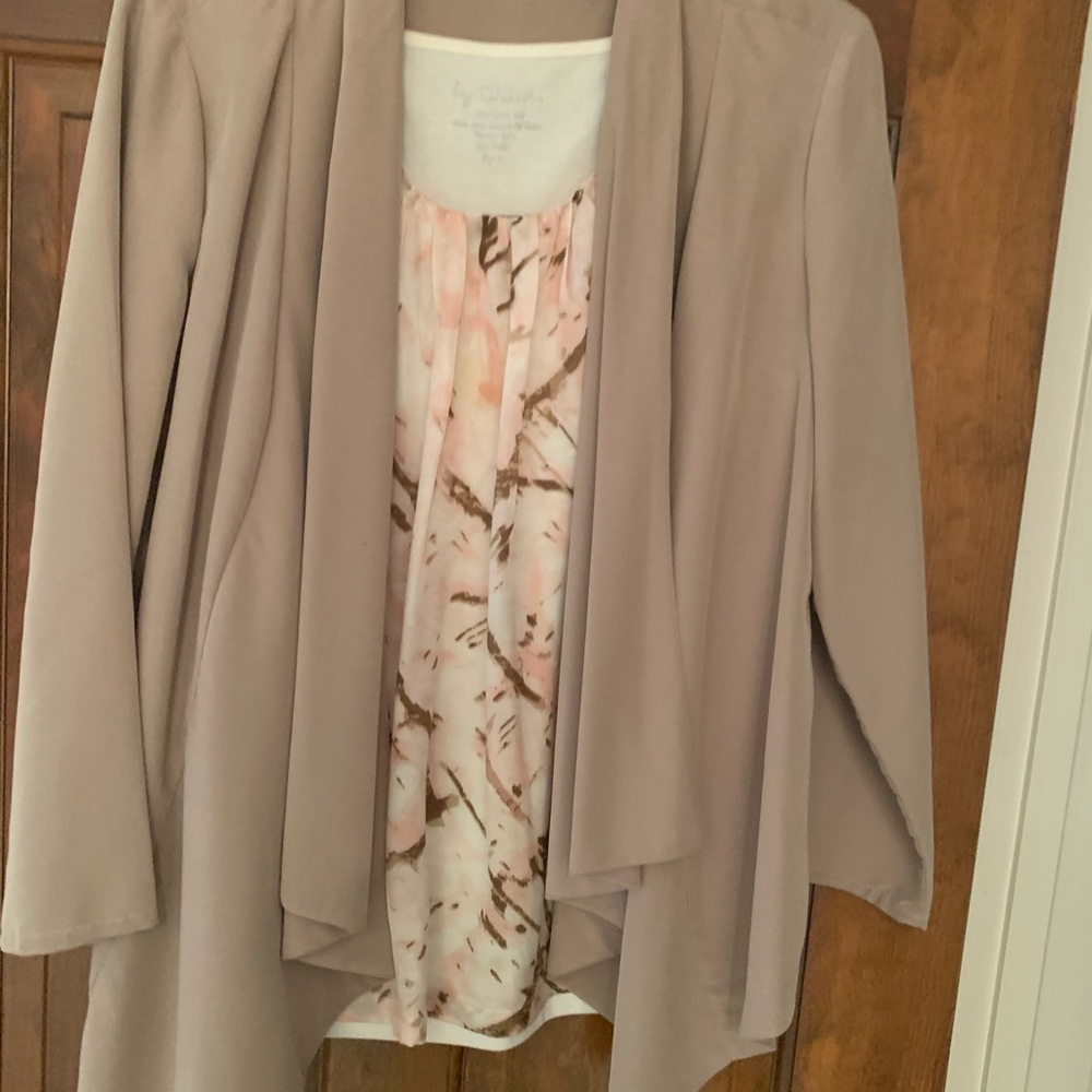 Floral tank with tan suede swing jacket